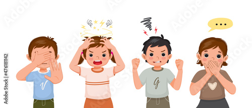 Children showing different negative emotions, feelings, facial expressions, hand gestures and body languages such as hand cover eyes, no stop refusal sign, stress, screaming angry, hand cover mouth photo