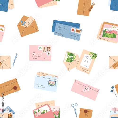 Envelopes and paper letters pattern. Seamless background with postcards, gree...
