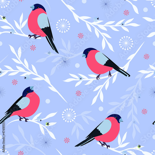 Vector seamless pattern. Winter birds. Botanical illustrations. Bullfinches and blueberry branches.