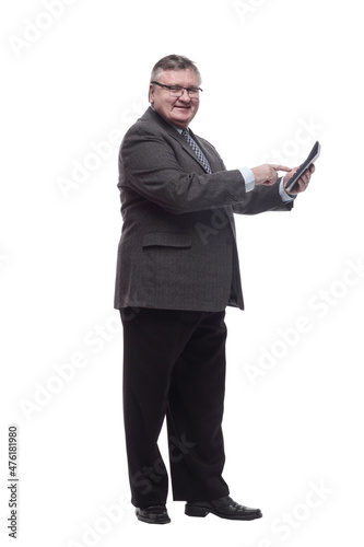 serious business man with a calculator. isolated on a white