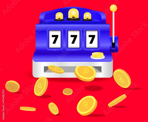 The arcade where the jackpot bursts and coins pour out illustration set. 777, Lucky, Joystick, Game, Win. Vector drawing. Hand drawn style.