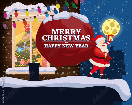Santa Claus with big sack of gifts delivery gifts. Chrismas window, night, decoraions garland retro, living room christmas tree. Xmas and new Year holiday celebration. Vector illustration flat cartoon photo