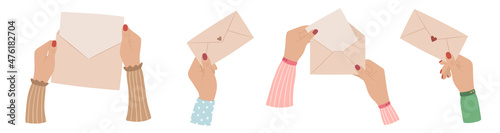 Hands holding envelopes and letters. Women's hands with painted nails. Vector illustration in a flat style