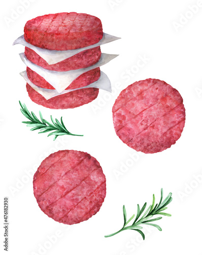 Beef burger cutlet. Watercolor hand drawn illustration photo