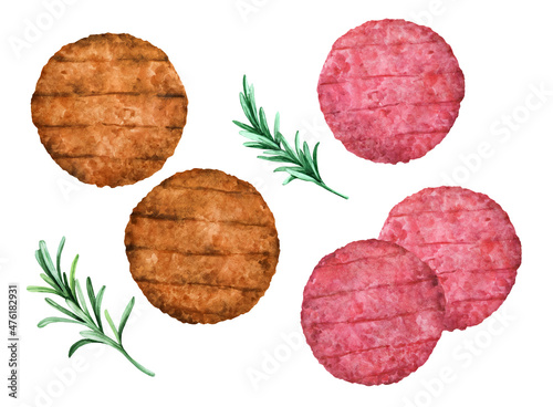 Fototapeta Raw and fried burger patties. Watercolor hand drawn illustration