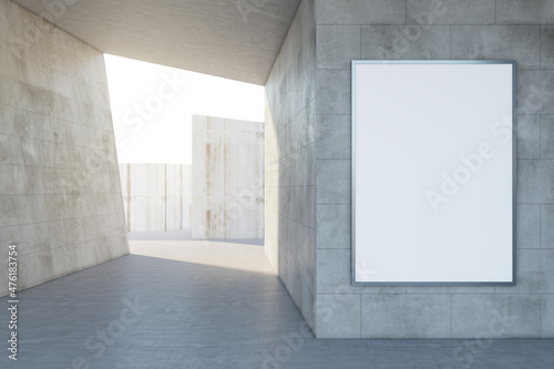 Abstract concrete tile space interior background with empty white mock up banner and sunlght. Design and abstraction concept. 3D Rendering.