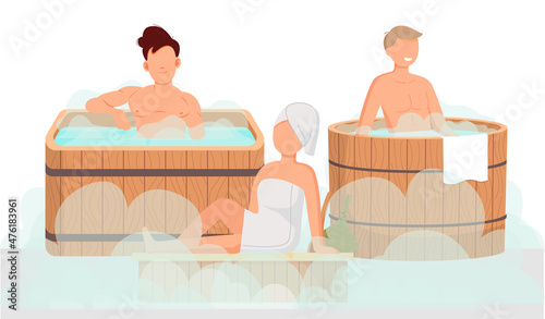 Sauna and steam room. Set of people in sauna. People relax and steam with birch brooms in traditional russian stove for female and male. Finnish bathhouse. Public sauna, Friends in spa resort