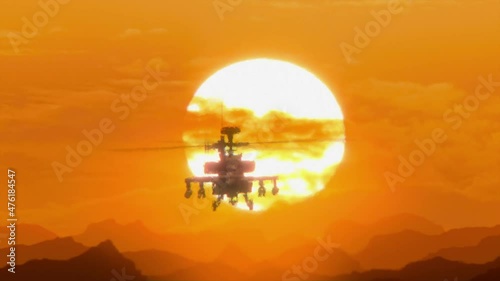 Helicopter Apache AH-64 flying over the mountains at sunset, hot weather, heat distortion