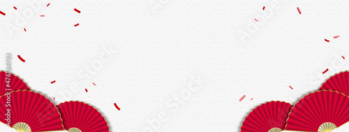 Oriental style white gray wave pattern banner background with red folding fans at borders