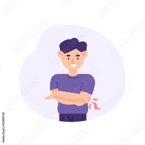 illustration of a person holding his left elbow because of swelling and pain. sprains, elbow pain, fractures. body problems. flat cartoon style. vector design