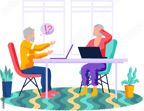 Studying computer by elderly people concept. Technology spread, oldster education, active social life, online communication, senior couple with tablet, learning to use PC, have difficulty with gadget