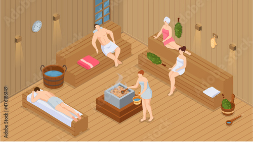 Sauna and steam room. Set of people in sauna. People relax and steam with birch brooms in traditional russian stove for female and male. Finnish bathhouse. Public sauna, Friends in spa resort