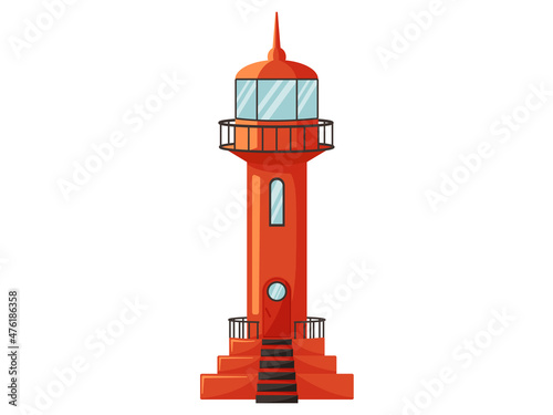Red lighthouse on ocean or sea cartoon shore or island construction isolated tower with lantern. Construction with big floodlight to light the way water transport, gives signals to ships in dark
