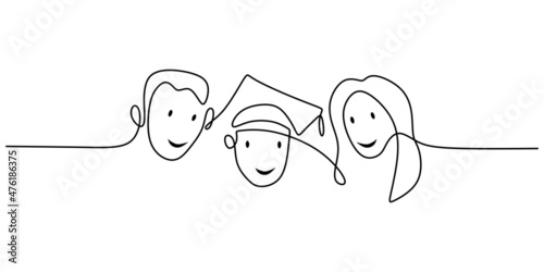 Continuous one single line of kid using graduation hat photo with his parents isolated on white background.