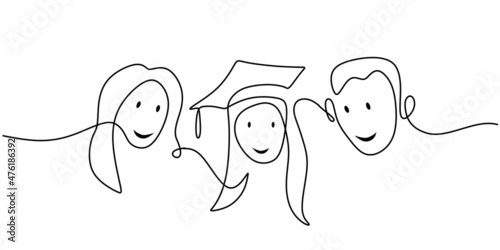 Continuous one single line of little girl using graduation hat photo with his parents isolated on white background.