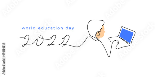 Continuous one single line of man working with laptop isolated on white background for world education day.