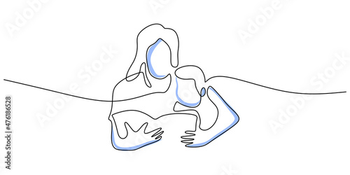 Continuous one single line of mother and her son reading book isolated on white background for world education day.