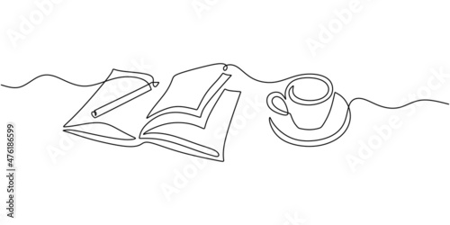 Continuous one single line of pen, book and cup coffee isolated on white background for studying stuff.
