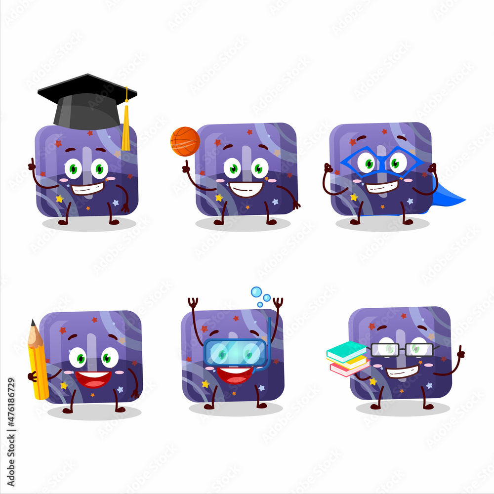 School student of purple gummy candy I cartoon character with various expressions