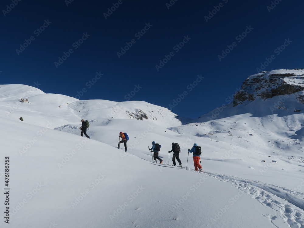 Ski de randonnée alpinisme dans les montagnes des Alpes l'hiver dans la neige avec un groupe de skieurs aguerris