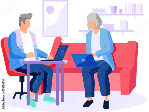 Social concept elderly people web surfing on internet with laptop. Cartoon cheerful pension couple sitting on couch with computer and smartphone read information on website, retirees and technology