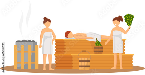 Sauna and steam room. Set of people in sauna. People relax and steam with birch brooms in traditional russian stove for female and male. Finnish bathhouse. Public sauna, Friends in spa resort