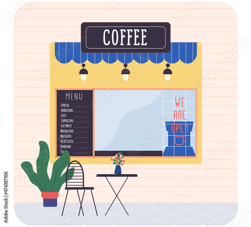 Coffee shop, street cafe with menu board, awning. Cozy terrace with table, place to rest and drink hot tea. Family business cute coffee market. Shop facade with tent and flower decoration outdoors