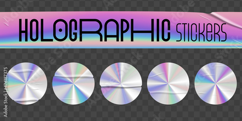 Holographic stickers with wrinkles set. Geometric shapes label with rainbow hologram. Vector elements for modern trend design.