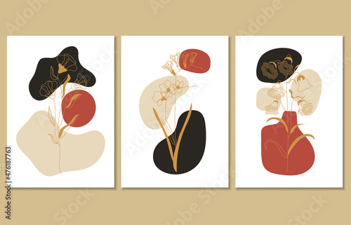 Set of three abstract botanical posters, vector illustration