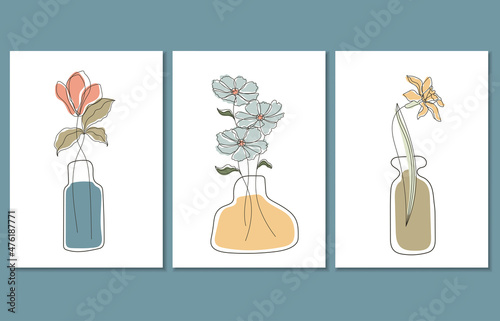 Set of three abstract botanical posters, vector illustration