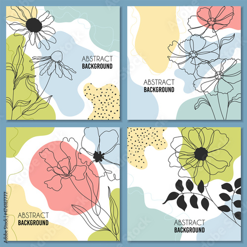 Set of four square abstract botanical cards, vector illustration