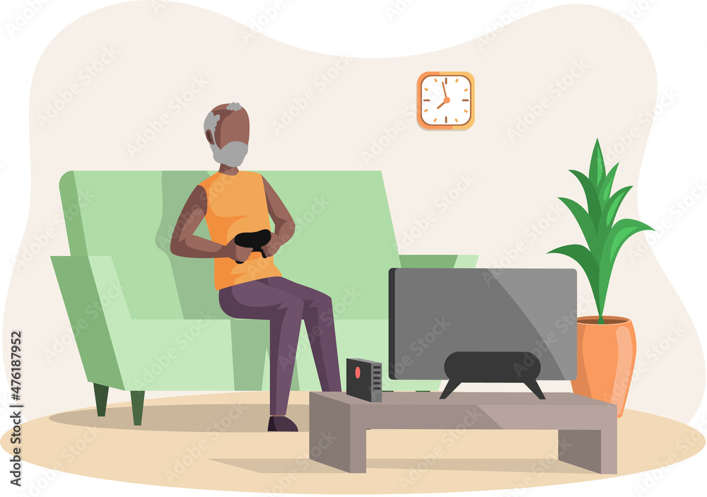 Old man sitting on couch plays video games on tv. Senior person with gamepad plays on console. Elderly male character has modern lifestyle. Retired man holding joystick and playing video game at home Old man sitting on couch plays video games on tv. Senior person with gamepad plays on console. Elderly male character has modern lifestyle. Retired man holding joystick and playing video game at home