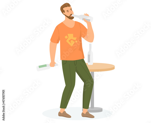 Dependent guy drinks alcohol alone. Loneliness addicted male depressed with alcohol beverage, drunk man alcoholic looks bad drinks liquid from bottle. Unhealthy lifestyle concept, alcoholism problem
