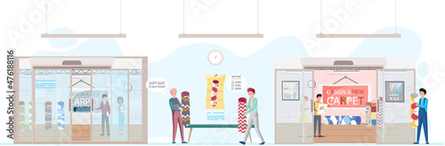 People choose carpet for home in textile shop, equip interior with rug. Design, decoration, choice, shopping, work concept. Selection material or carpeting, interior design, buyers in flooring store