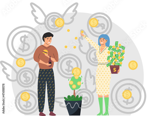 Gap between rich and poor. Rich happy woman scatter money, unhappy poor man eats cheap fast food. Financial success concept with unemployed penniless person and wealthy lady. Financial superiority