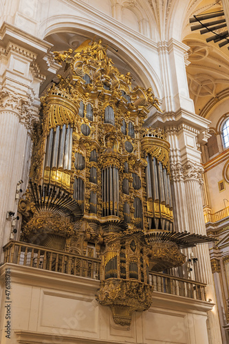Side view of the organ in the Granada Cathedral which is well known for its monumental facade