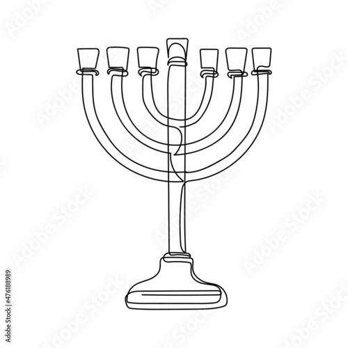 Continuous one simple single line drawing of hanukkah menorah icon in silhouette on a white background. Linear stylized.
