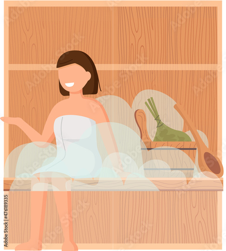 Woman wearing bath towel sits on wooden bench at hot steam sauna. Relaxing and wellness in finnish, russian bath or spa center. Warm therapy female hot steam in sauna bathing character in bathhouse