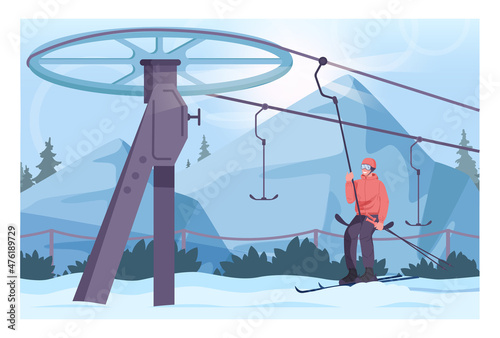 Skier lifting up with surface lift. Winter ski resort, ski and snowboarding