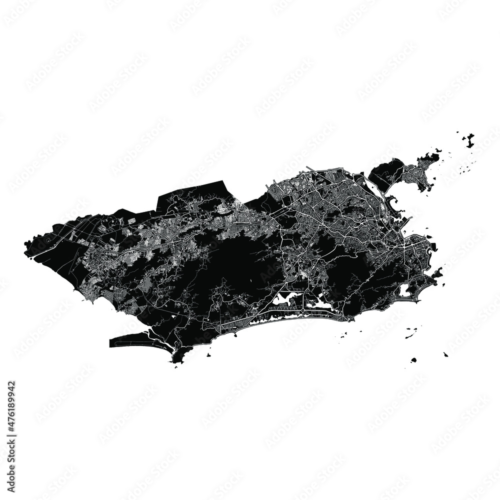 Rio de Janeiro, Brazil, Black and White high resolution vector map