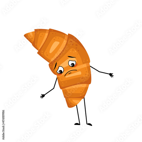 Cute croissant character with sad emotions, depressed face, down eyes, arms and legs. Cheerful baking person, bun with melancholy expression. Vector flat illustration