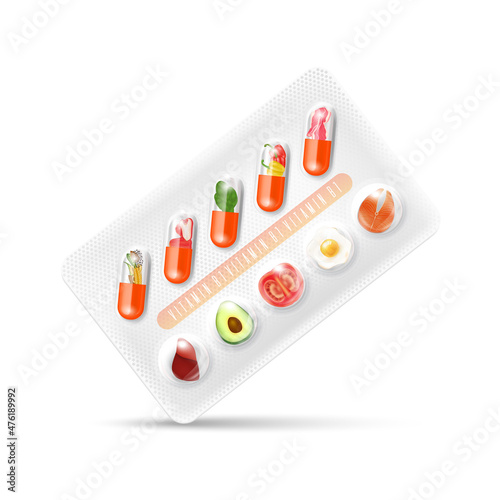 Vitamin B1 orange capsule. Natural supplements vitamins and minerals. Slices of vegetables and fruit in a drug packaging. Medical health concept. Realistic 3D Vector.