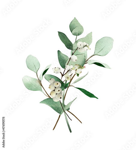 Photography Hand-drawn floral bouquet with snowberry and green eucalyptus leaves