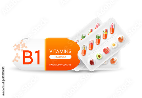 Vitamin B1 orange capsule. Natural supplements vitamins and minerals. Slices of vegetables and fruit in a drug packaging and box. Positive beauty and Medical health concept. Realistic 3D Vector.