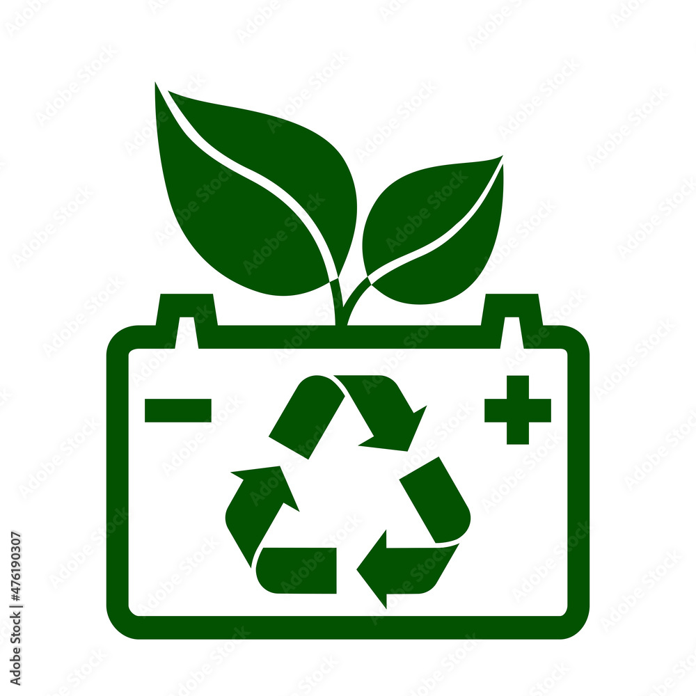 Battery, green leaves and recycling sign. Symbol of battery recycling