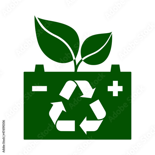 Battery, green leaves and recycling sign. Symbol of battery recycling or reuse. Vector Illustration
