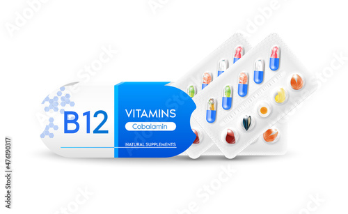 Vitamin B12 blue capsule. Natural supplements vitamins and minerals. Slices of vegetables and fruit in a drug packaging and box. Positive beauty and Medical health concept. Realistic 3D Vector.