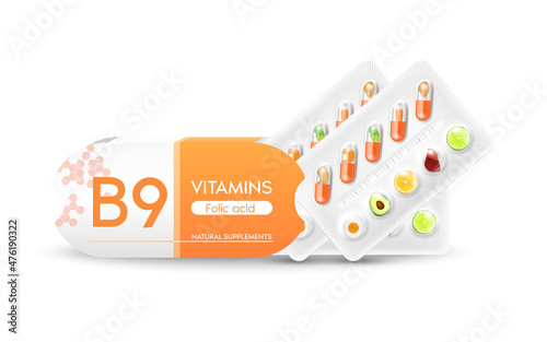 Vitamin B9 orange capsule. Natural supplements vitamins and minerals. Slices of vegetables and fruit in a drug packaging and box. Positive beauty and Medical health concept. Realistic 3D Vector.