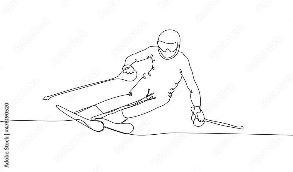 Continuous one line drawing of mountain skier speeding down slope. Outdoor extreme sport. Winter season sport.  Vector illustration