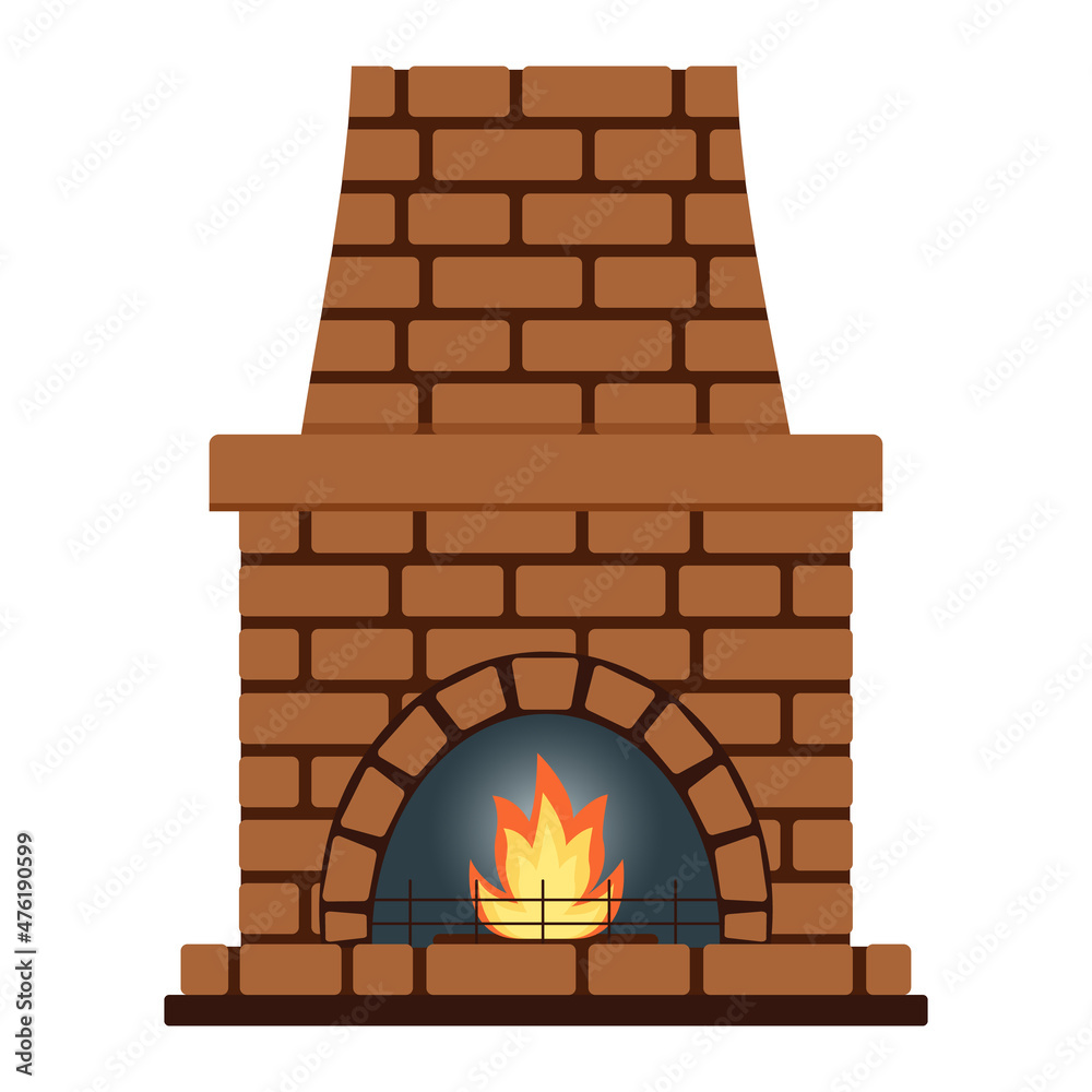 Fototapeta premium Brick fireplace isolated on white background. Interior element. Vector illustration